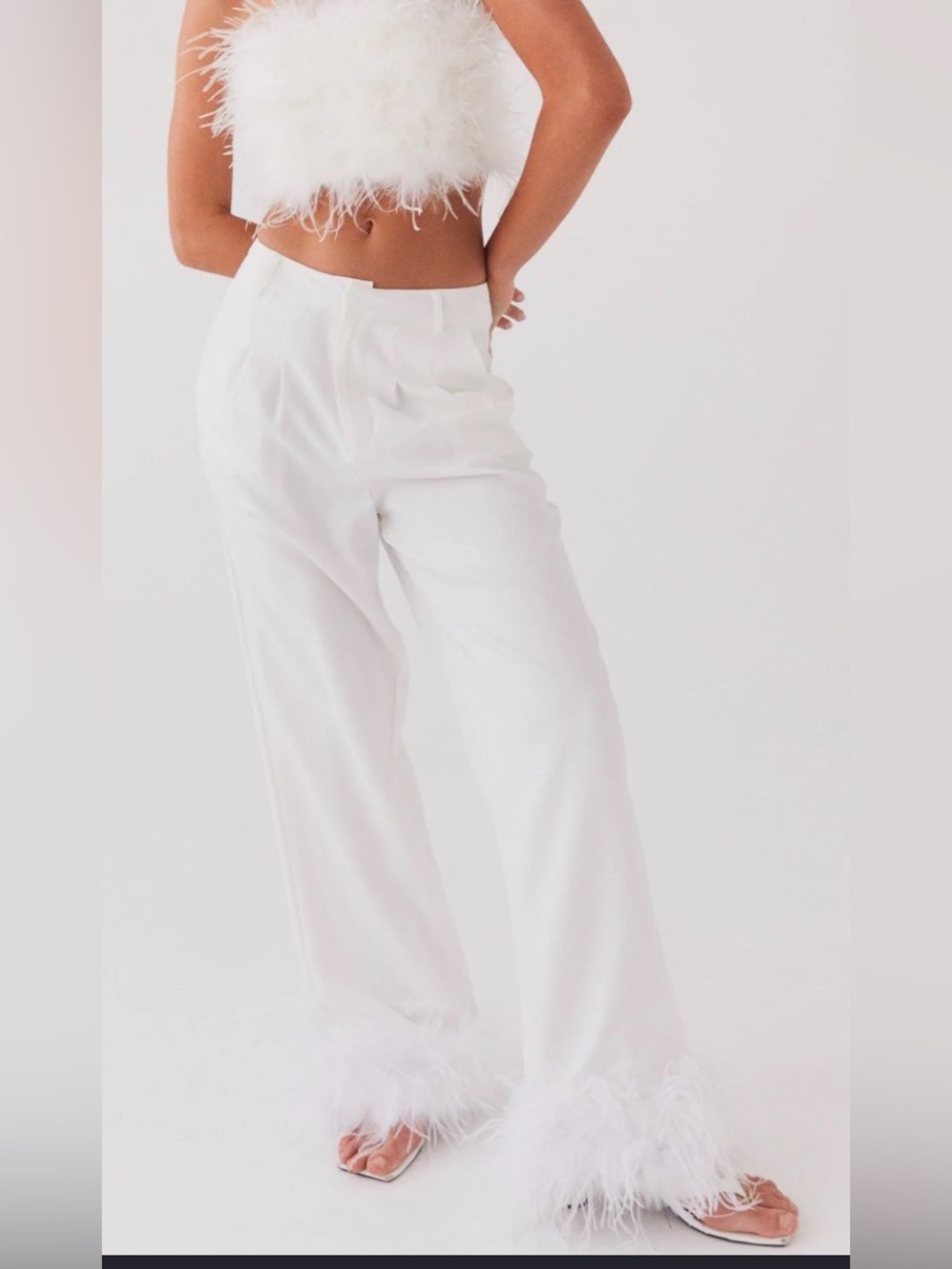 Peppermayo White Feather-Trim Wide Leg Trousers